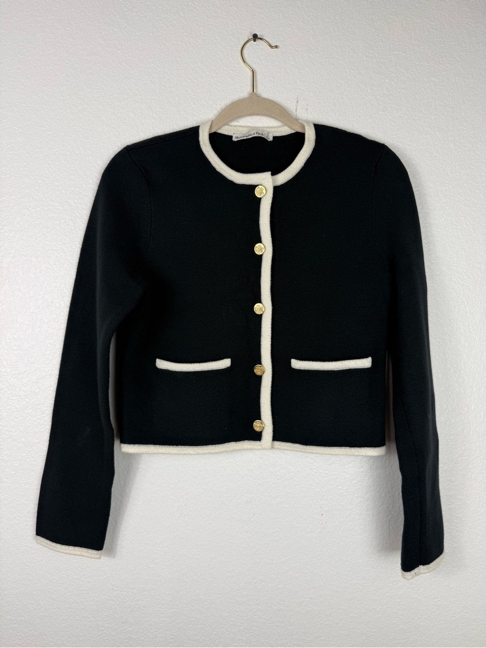 Abercrombie & Fitch Black Cropped Blazer with Cream Trim and Gold Buttons size S